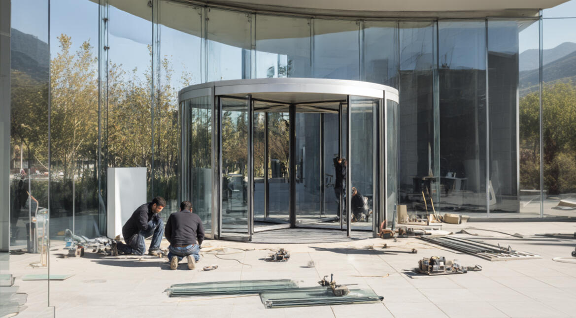 Instalación de puerta giratoria de vidrio templado en edificio corporativo — MRDOOR CDMX